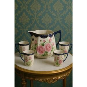 Antique TE-OH Nippon (Japan) Hand Painted China Lemonade Pitcher w/4 Glasses